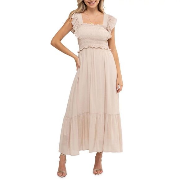 August Sky Women's Smocked Midi Dress Beige  Size Large - Picture 1 of 6